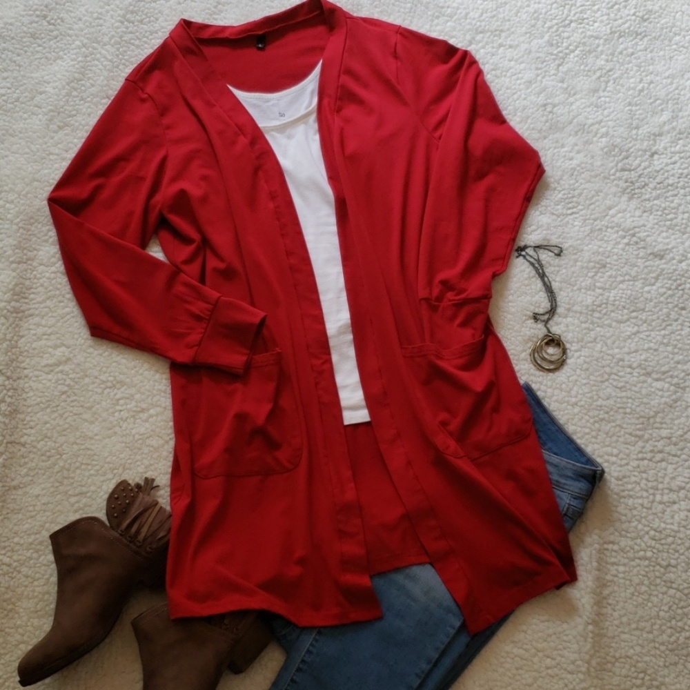 Red long knit cardigan with pockets